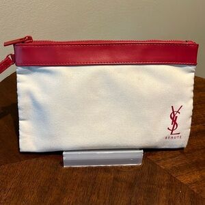 YSL Beaute Wristlet  cosmetic case/pouch fabric  Ivory cream/red trim & logo NWO
